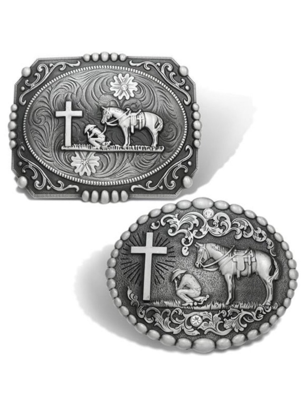 2 Pieces American Western Cowboy Belt Buckles, Mens Religion Cross Horse